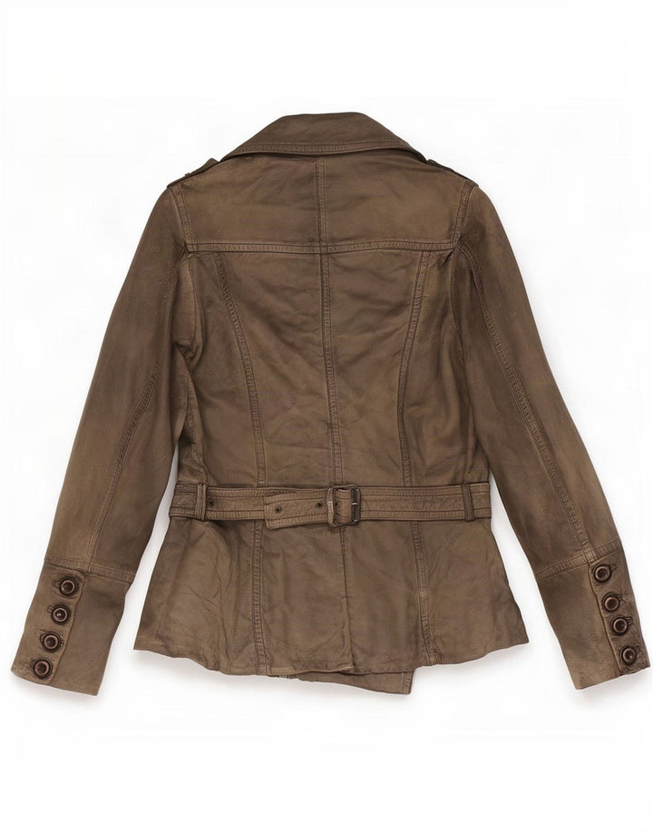 Vintage mujer militar doble pecho chaqueta de cuero UE 38 medio caqui