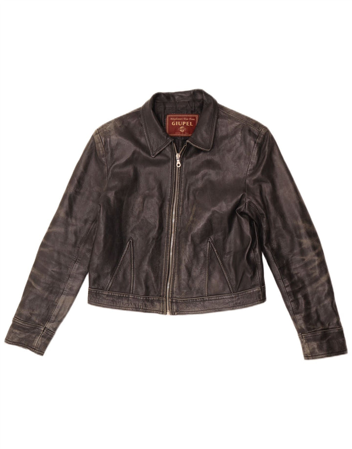 Vintage mujer crop cuero chaqueta Reino Unido 14 cuero negro medio