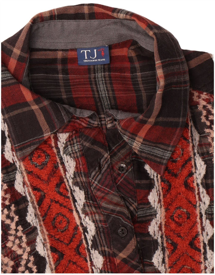 Trussardi Camisa larga para mujer UK 44 Medium Borgoña Check