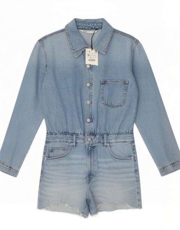 Zara Womens Denim Playsuit UK 12 Medium Blue Cotton