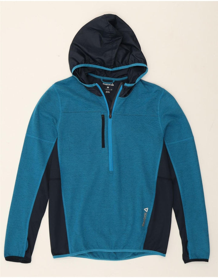 Reebok - Sudadera con capucha y cremallera de 1/4 para hombre, color azul medio, poliéster