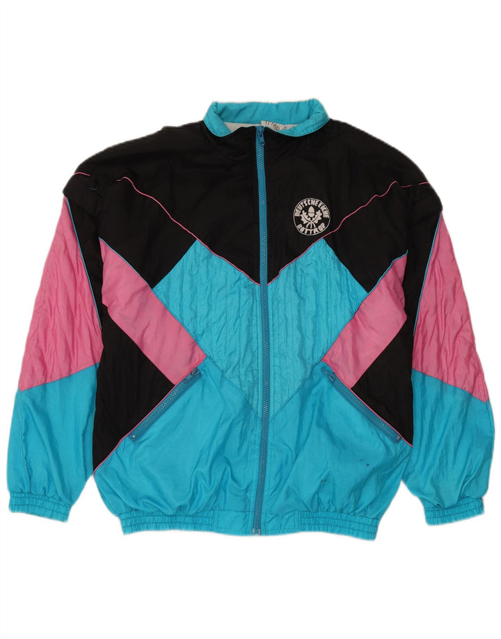 Vintage hombres chándal top chaqueta medio azul colorblock nylon