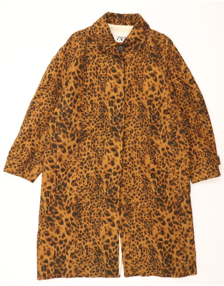 Zara Mujer Abrigo Extragrande UK 44 Algodón Estampado Animal Marrón Medio