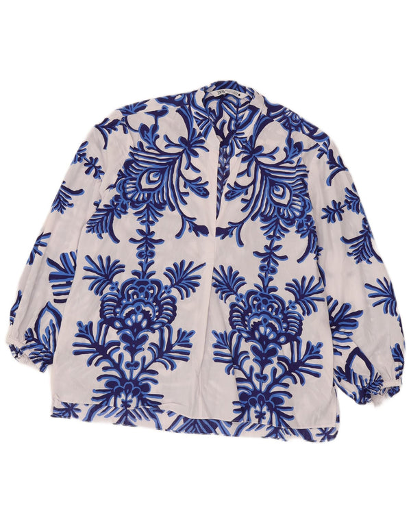 ZARA Mujer Blusa Manga Larga Top UK 46 Large Azul Floral Algodón