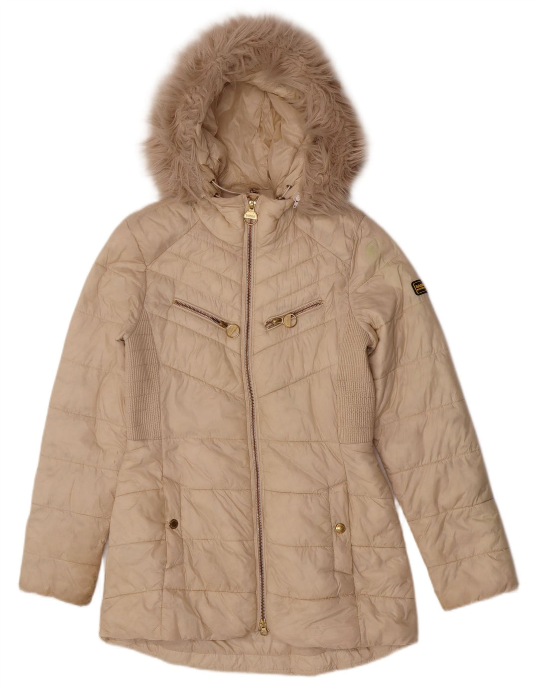 Barbour Abrigo acolchado con capucha para mujer UK 10 Small Beige Poliamida