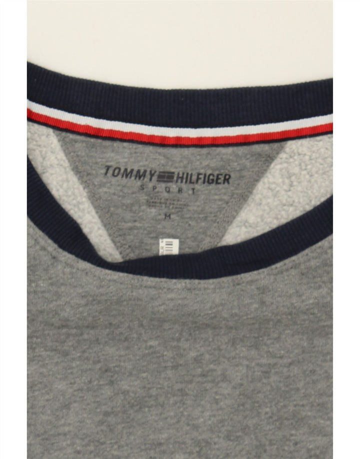 TOMMY HILFIGER Womens Crop Sweatshirt Jumper UK 14 Medium Grey Colourblock Vintage Tommy Hilfiger and Second-Hand Tommy Hilfiger from Messina Hembry 