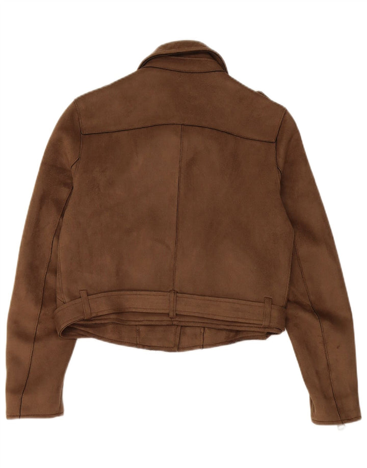 Zara Mujer Chaqueta Biker UK 10 Small Marrón Poliéster