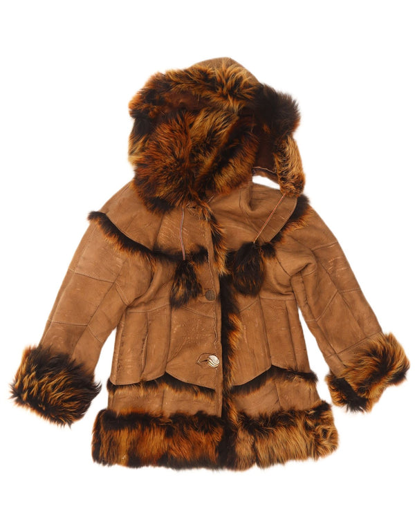 Chaqueta de piel de oveja con capucha para niñas vintage 7-8 años Marrón