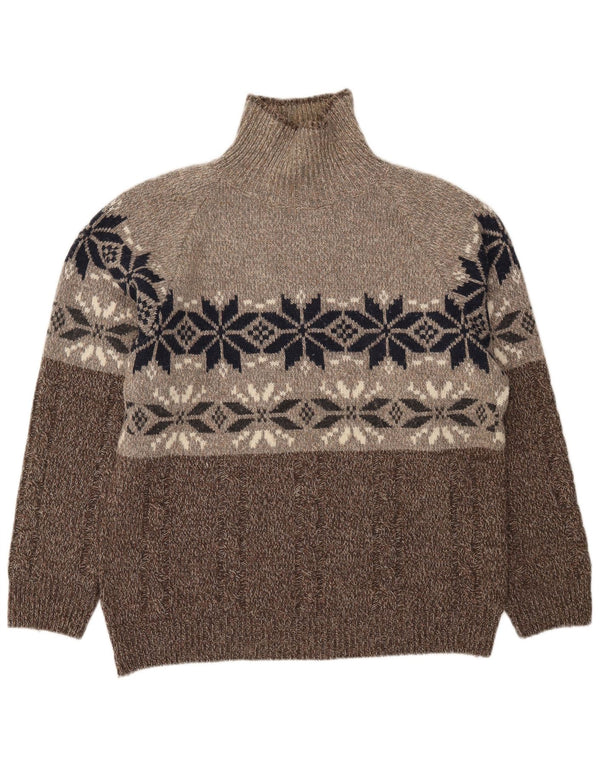 Vintage hombres rollo cuello jersey suéter XL marrón Fair Isle lana