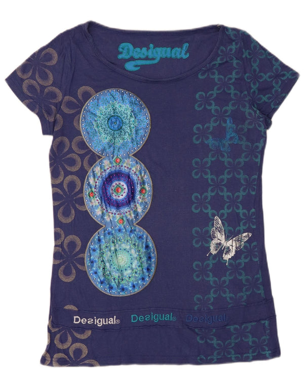 DESIGUAL Camiseta gráfica para mujer Top UK 12 Medium Azul marino Floral