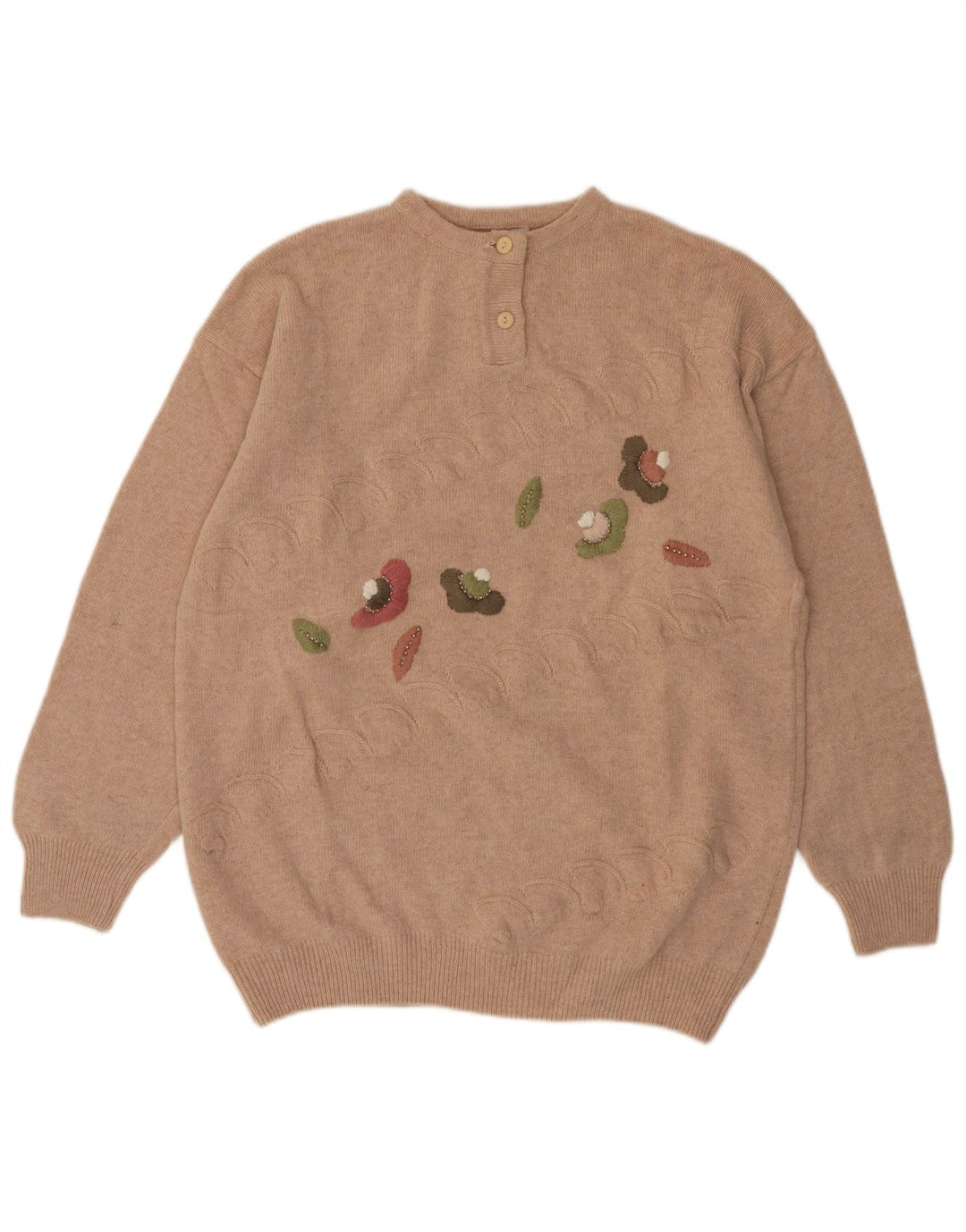 VINTAGE Mujer Botón Cuello Jersey Suéter Reino Unido 14 Medio Beige Floral