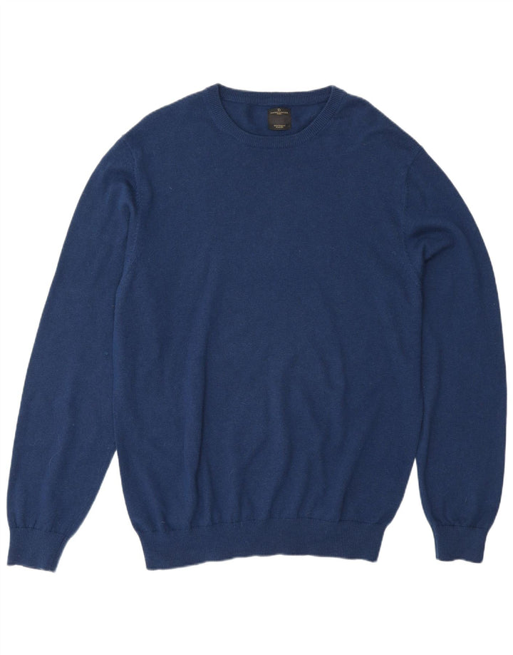Vintage hombres cuello redondo jersey suéter grande algodón azul