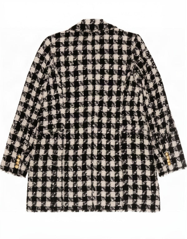 Zara Mujer Abrigo Cruzado ES 40 XL Poliéster Pata De Gallo Negro