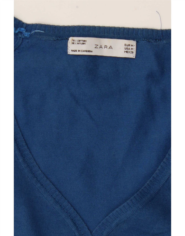 Zara Mujer Cárdigan Suéter UK 12 Algodón Azul Medio