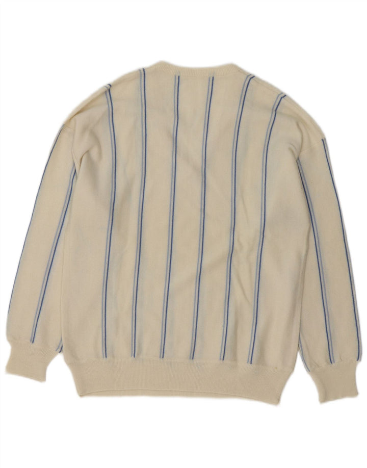 VINTAGE Hombres V-Cuello Jumper Suéter Medio Off Blanco Rayas