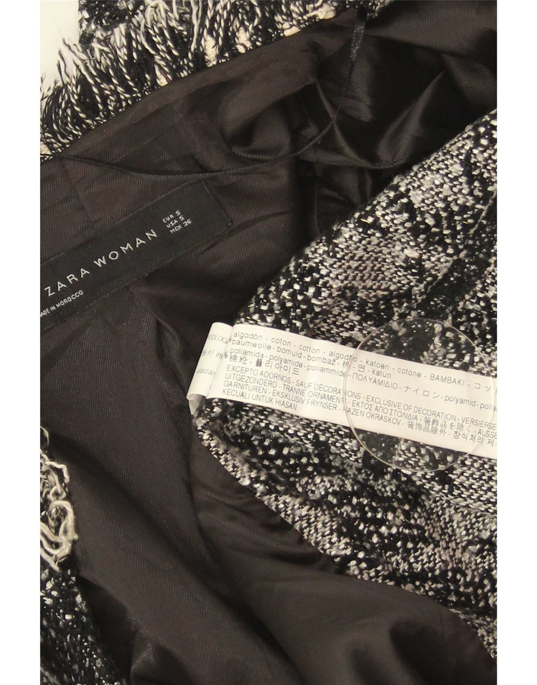 Zara Mujer Abrigo Abierto Reino Unido 10 Pequeño Algodón De Pata De Gallo Negro