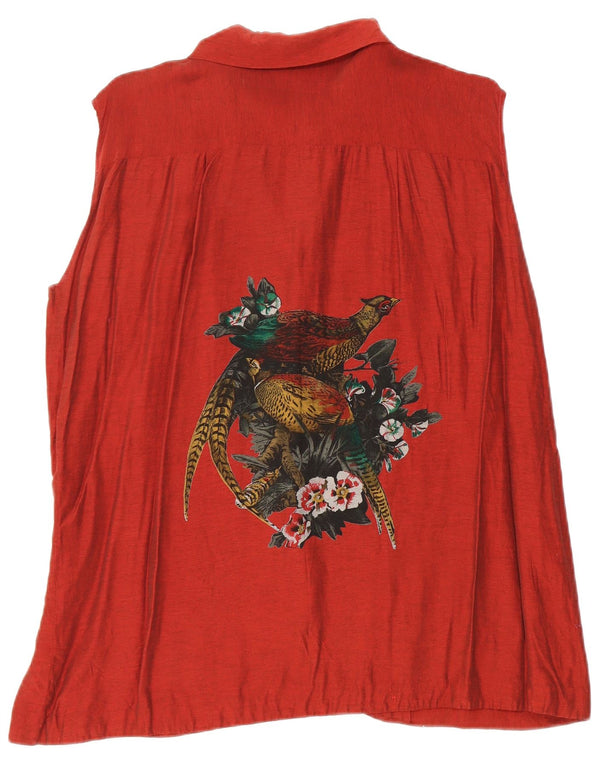 Vintage mujer gráfica sin mangas camisa blusa Reino Unido 18 XL Borgoña