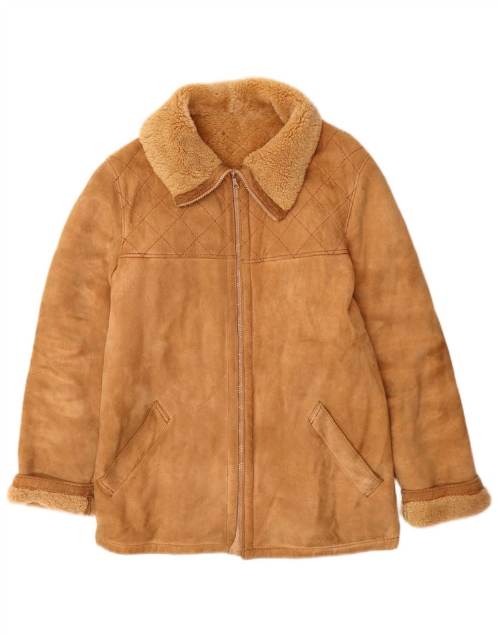 Vintage mujer shearling chaqueta IT 46 cuero beige grande