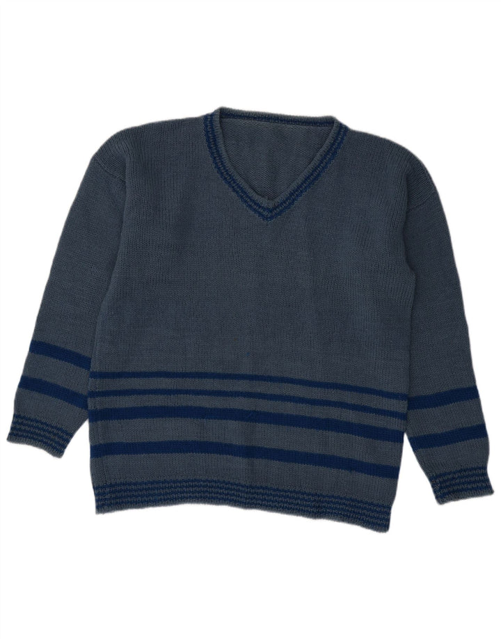 VINTAGE Hombres V-Cuello Jumper Suéter Grande Azul Rayas