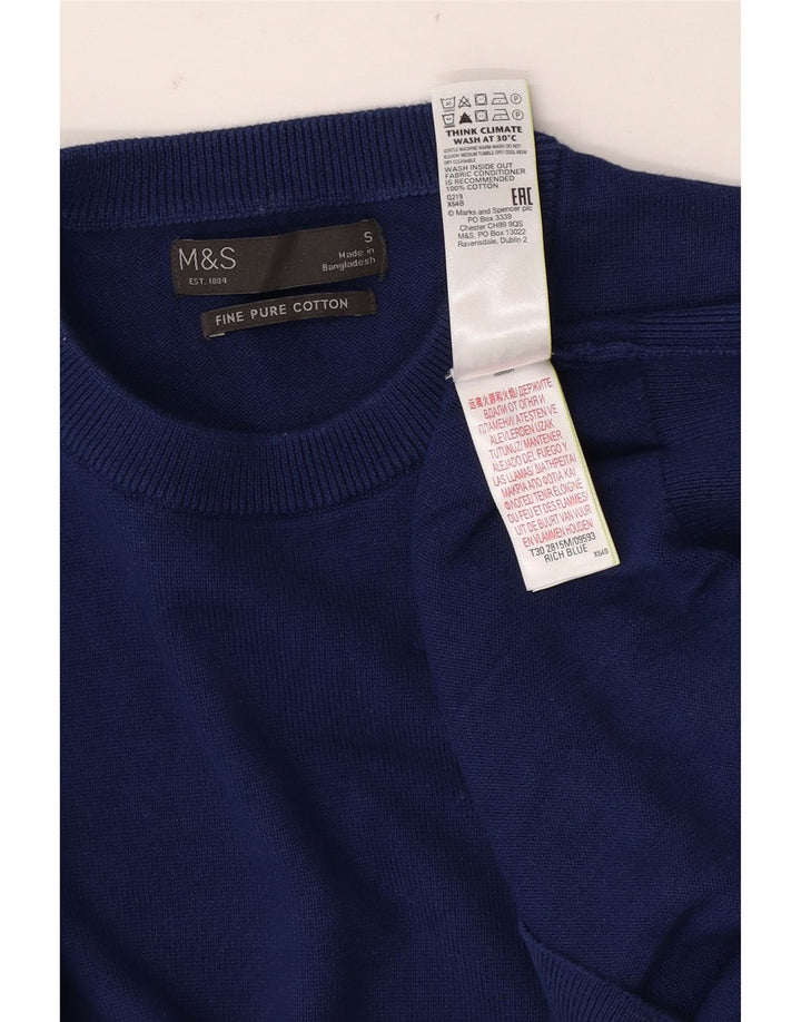 Marks & Spencer Jersey con cuello redondo para hombre, talla pequeña, algodón azul