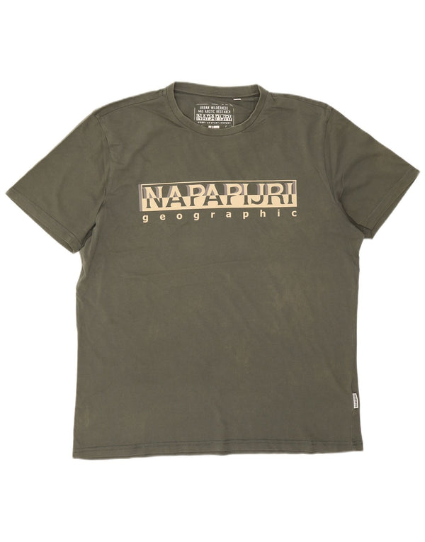 Napapijri Camiseta gráfica para hombre Top 2XL Caqui Algodón Logo