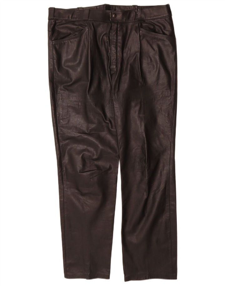 Pantalones de cuero rectos vintage para mujer W36 L31 Negro