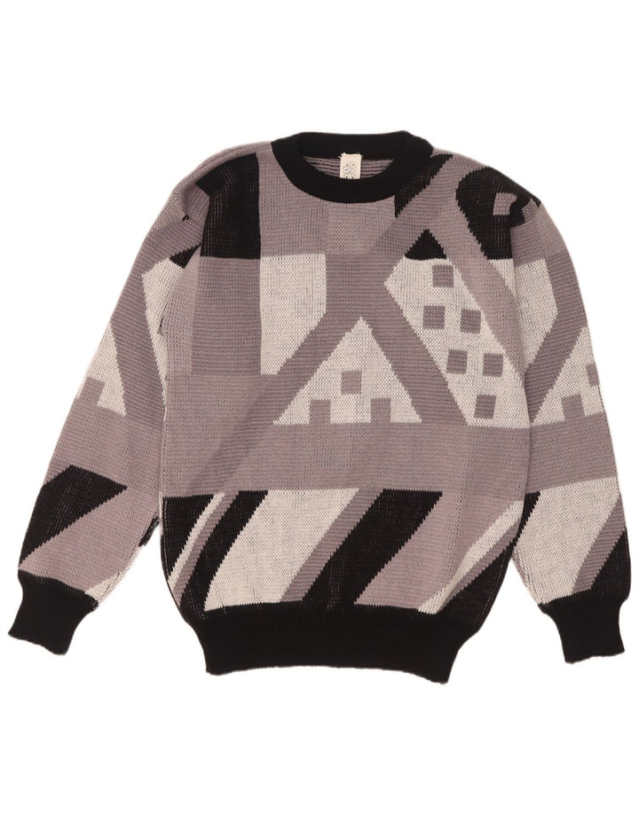 Vintage hombres cuello redondo jersey suéter IT 48 acrílico geométrico gris medio