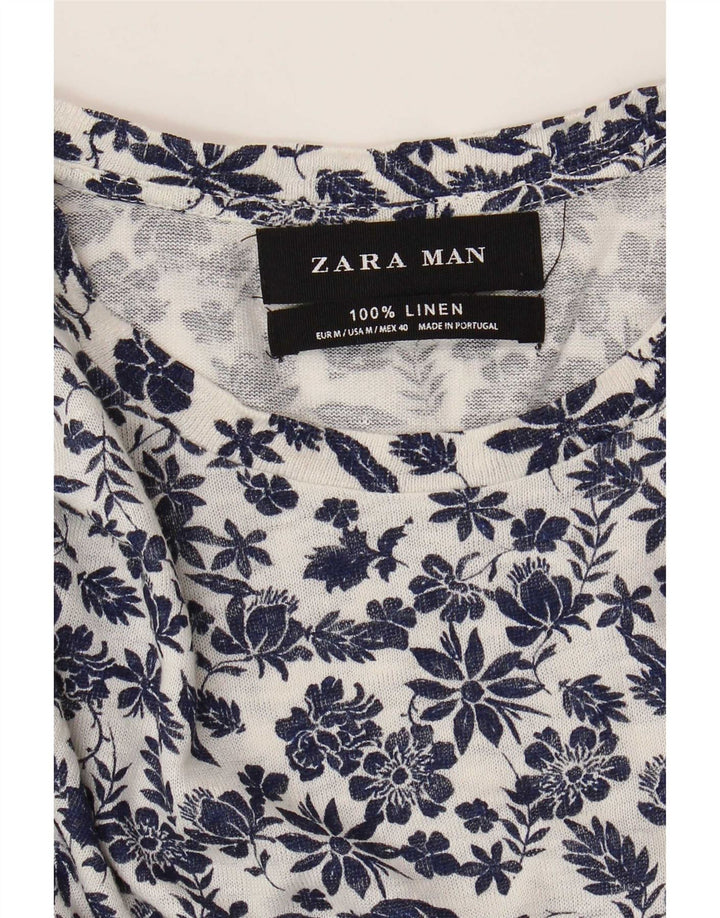 Zara Hombre Camiseta Top Medium Blanco Floral Lino