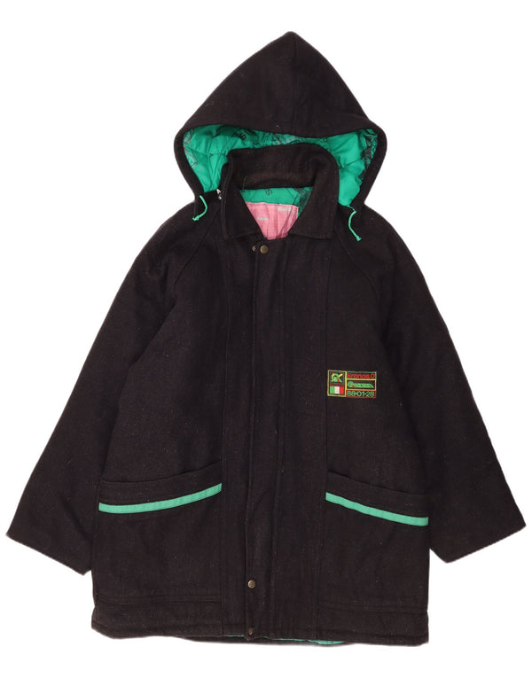 Vintage hombres con capucha abrigo Reino Unido 42 XL lana azul marino