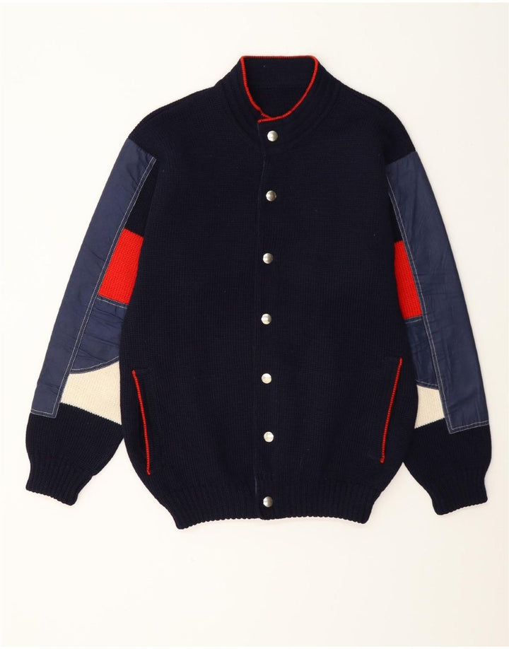 Vintage hombre cardigan suéter medio azul marino colorblock