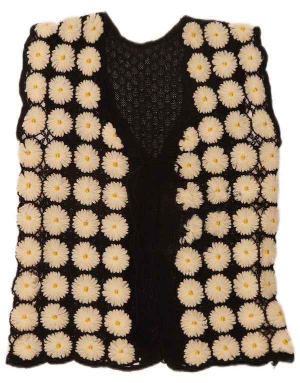 Vintage mujer sin mangas cardigan suéter Reino Unido 12 medio negro floral