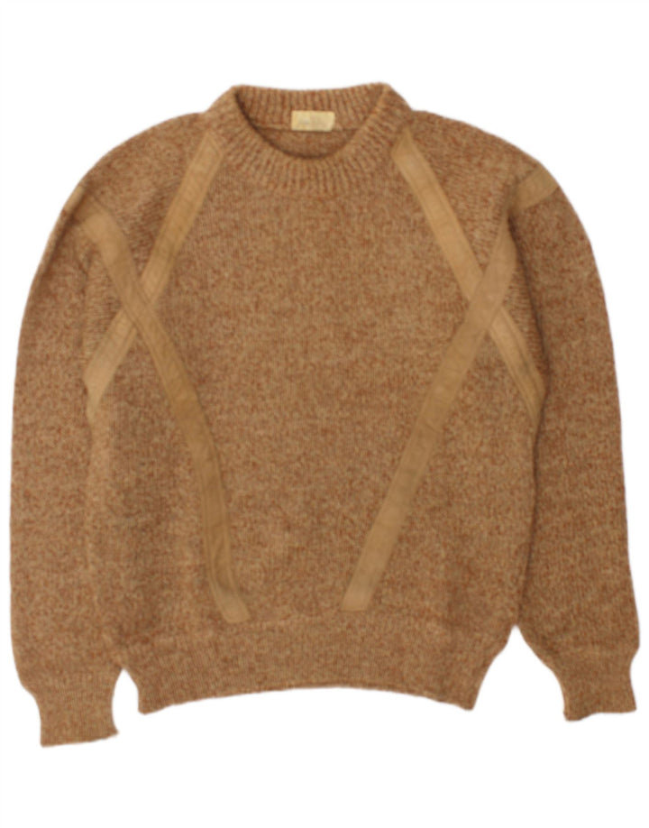 Vintage hombres cuello redondo jersey suéter grande beige moteado