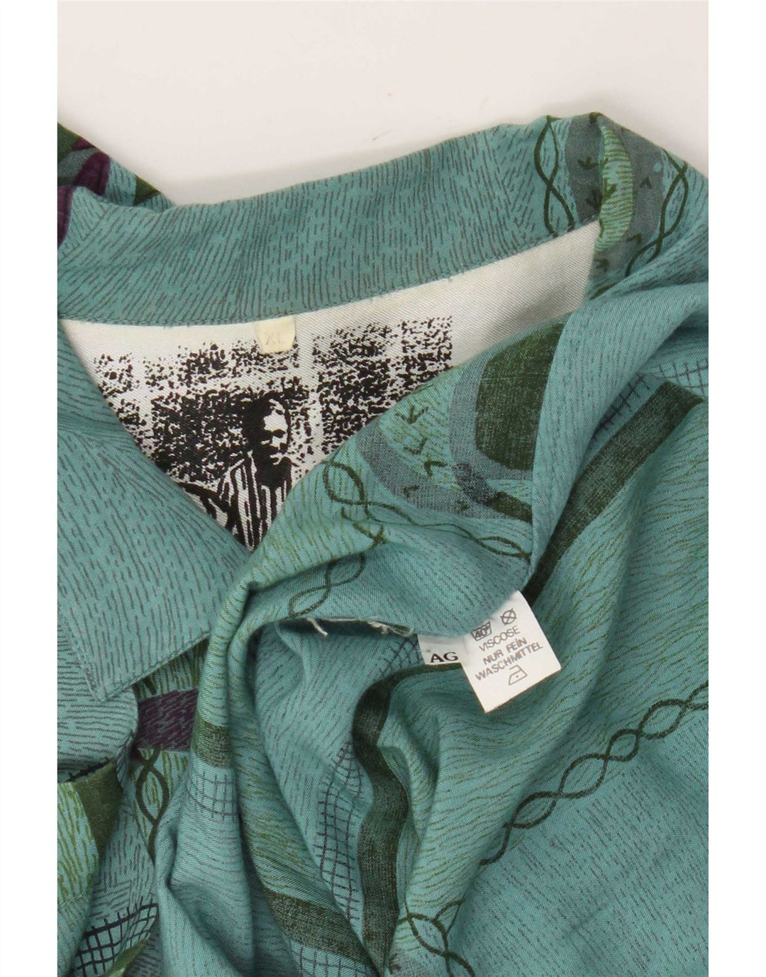 Vintage hombres patrón abstracto camisa de manga corta XL viscosa verde