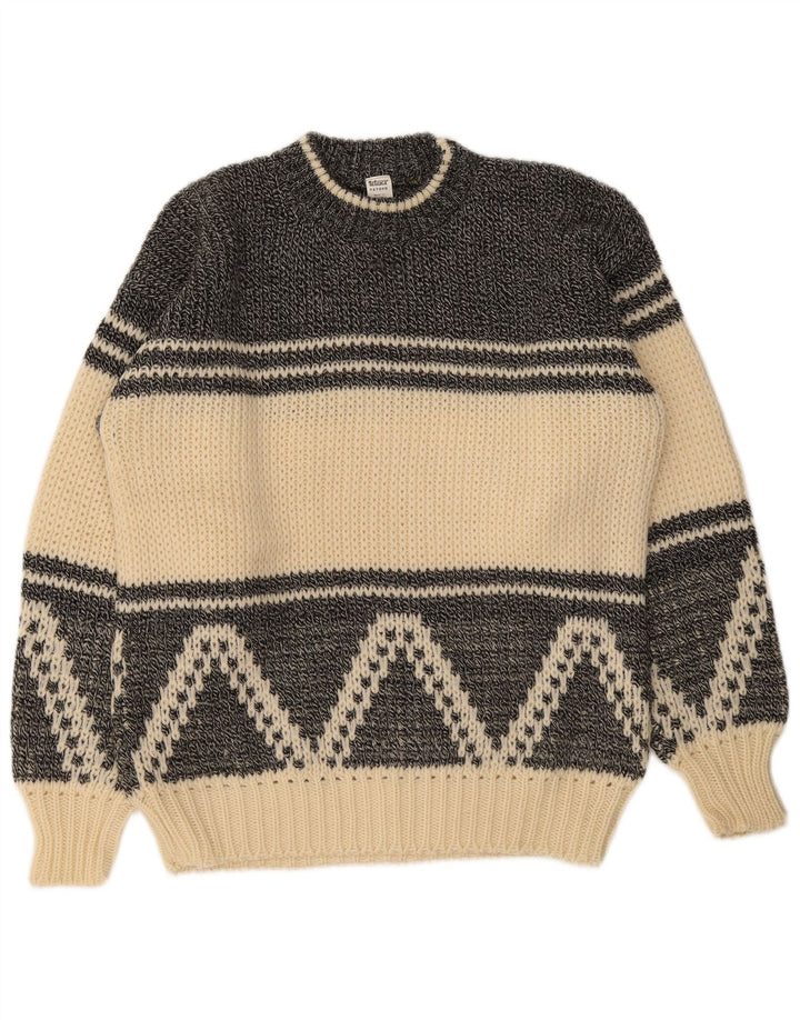 Vintage hombres cuello redondo jersey suéter EU 50 medio apagado blanco geométrico