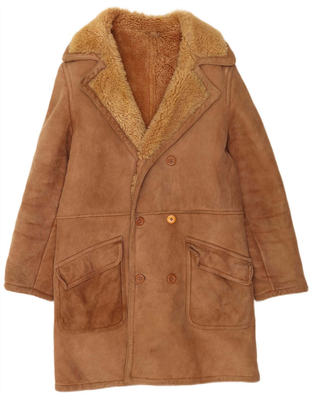 Vintage hombres doble pecho shearling abrigo Reino Unido 36 pequeño marrón