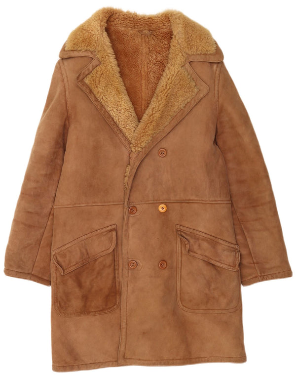 Vintage hombres doble pecho shearling abrigo Reino Unido 36 pequeño marrón