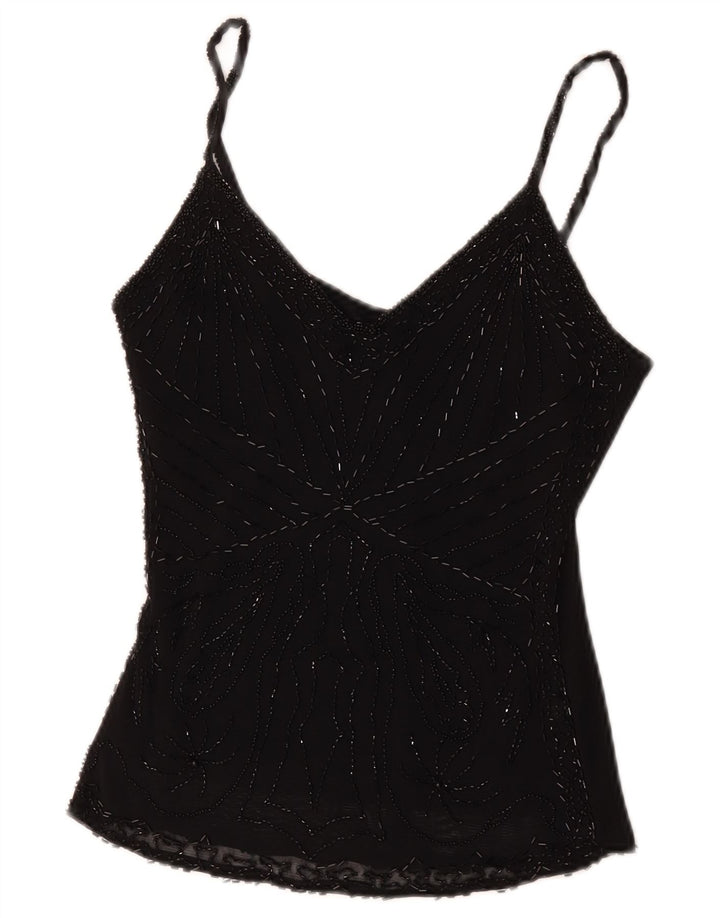 Vintage mujer Cami Top Reino Unido 8 Pequeña Viscosa Negra