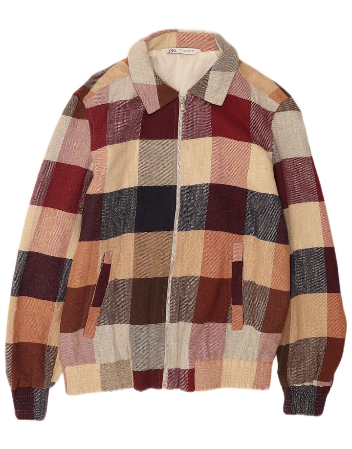 Zara Mens Bomber Jacket UK 38 Medium Algodón a cuadros multicolor