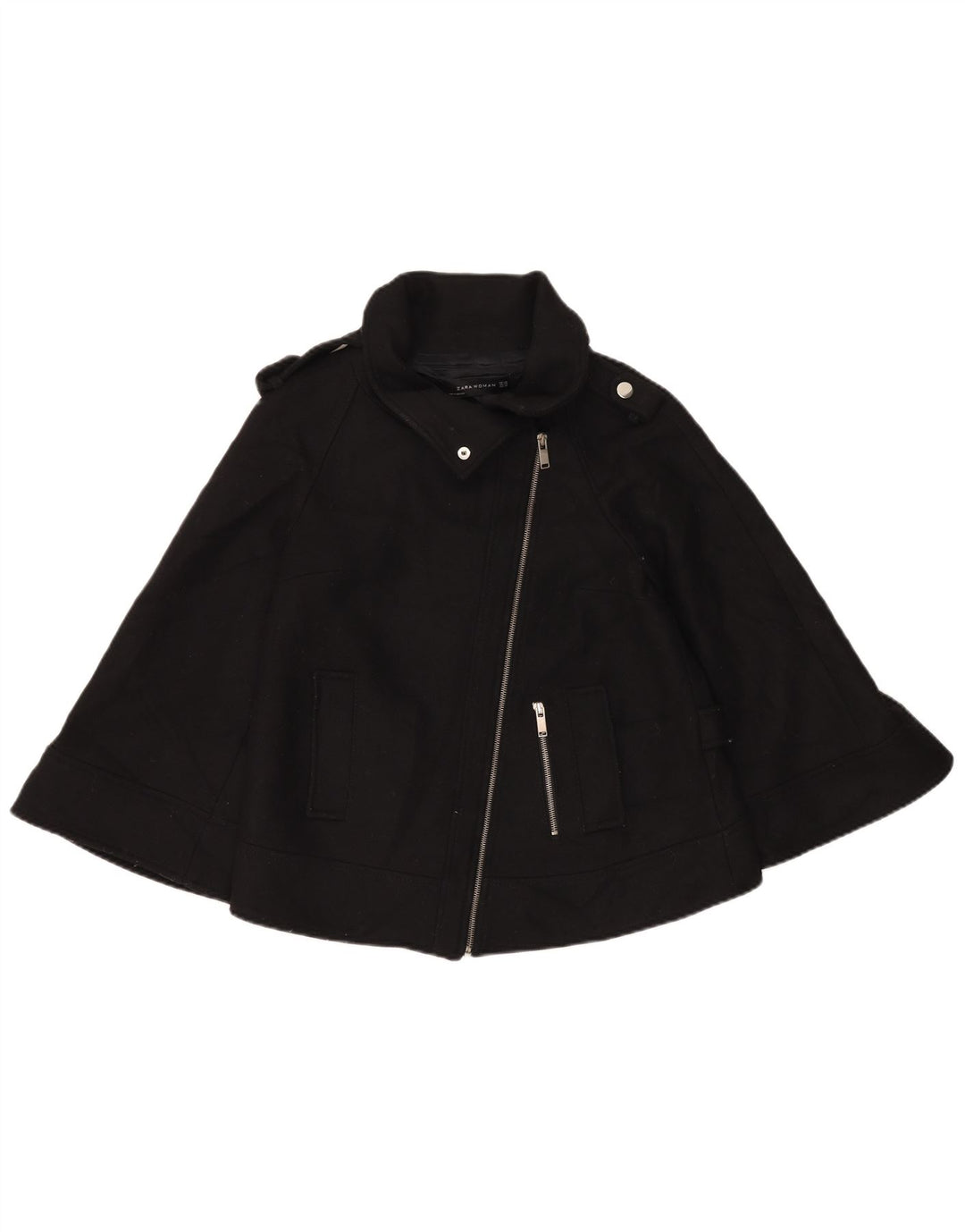 Zara Mujer Poncho Corto Abrigo UK 6 XS Lana Negra