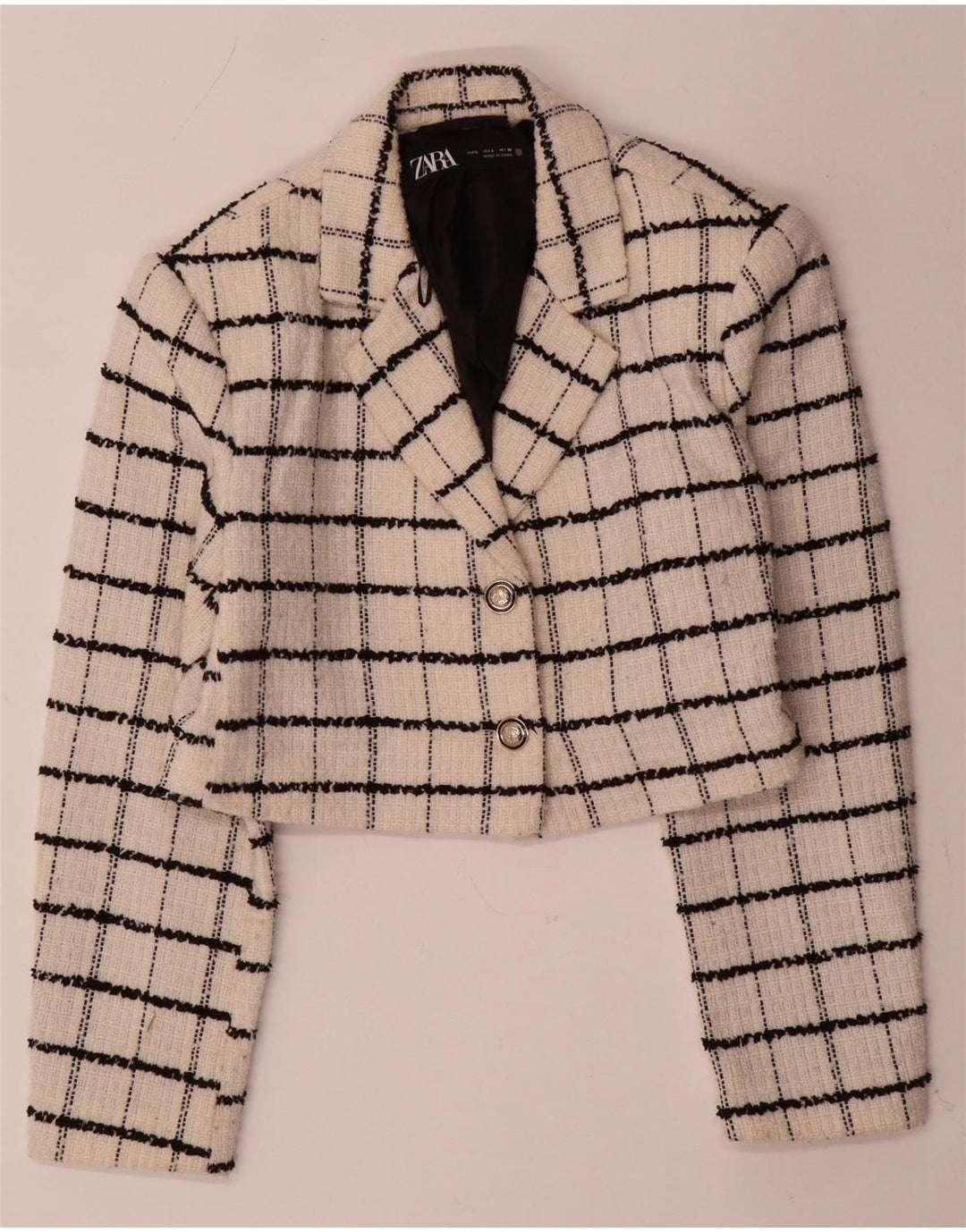 ZARA Chaqueta Blazer Corta De 2 Botones Para Mujer Reino Unido 44 Grande Lana A Cuadros Beige