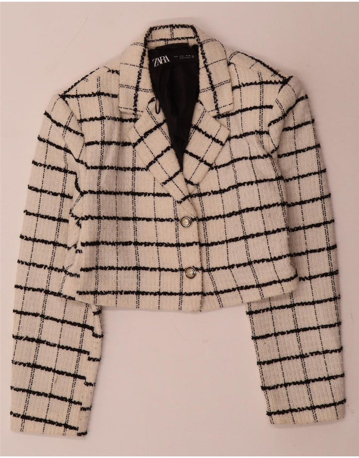 ZARA Chaqueta Blazer Corta De 2 Botones Para Mujer Reino Unido 44 Grande Lana A Cuadros Beige