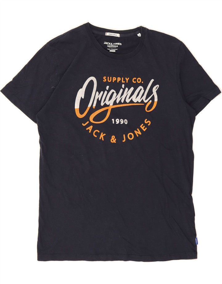 JACK & JONES Mens Regular Fit Graphic T-Shirt Top Medium Navy Blue Cotton Vintage Jack & Jones and Second-Hand Jack & Jones from Messina Hembry 