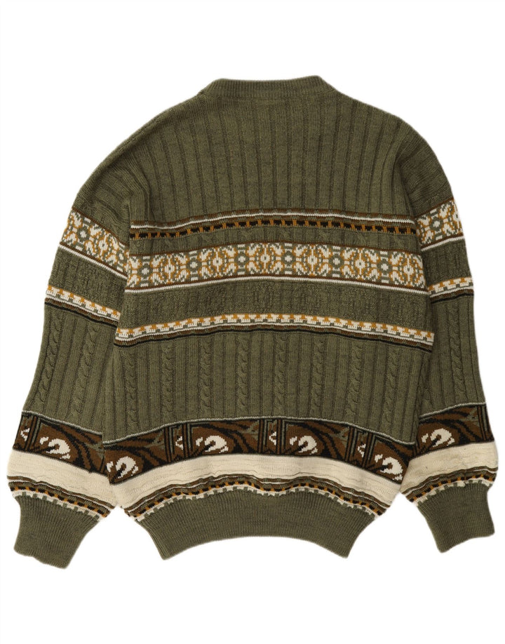 Vintage hombres cuello redondo jersey suéter medio verde feria isla
