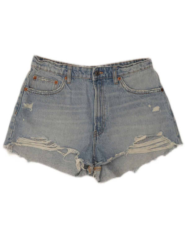 Zara Pantalones cortos de mezclilla desgastados para mujer EU 42 Large W32 Algodón azul