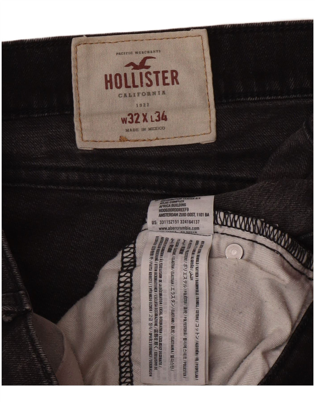 HOLLISTER Vaqueros pitillo para hombre W32 L34 Algodón negro