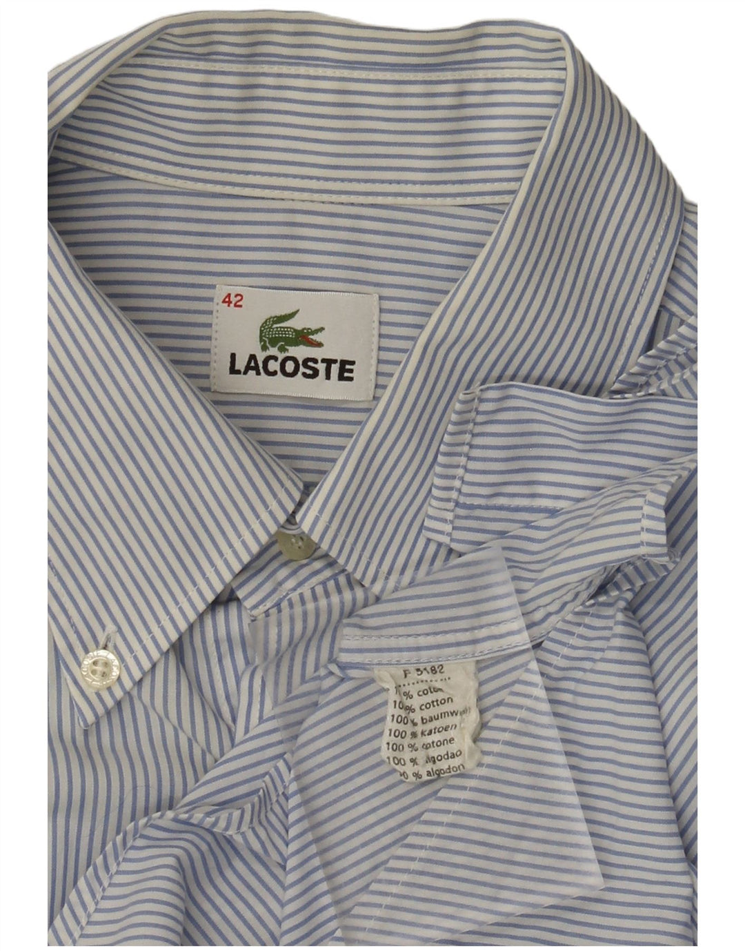 LACOSTE Camisa de manga corta para hombre Talla 42 Algodón de rayas azules grande