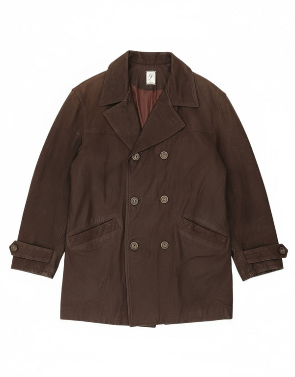 Vintage hombres doble pecho cuero abrigo IT 54 2XL cuero marrón