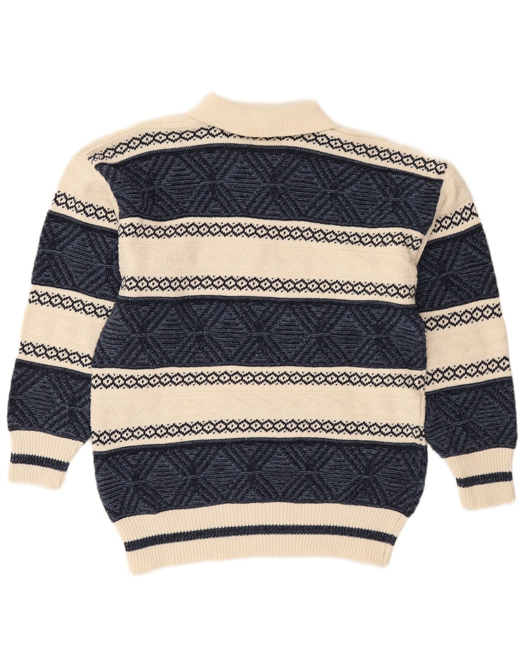 VINTAGE Hombres Polo Cuello Jersey Suéter Medio Azul Marino Fair Isle Algodón