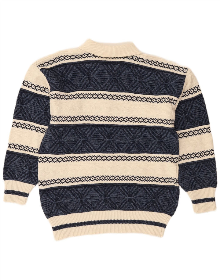 VINTAGE Hombres Polo Cuello Jersey Suéter Medio Azul Marino Fair Isle Algodón