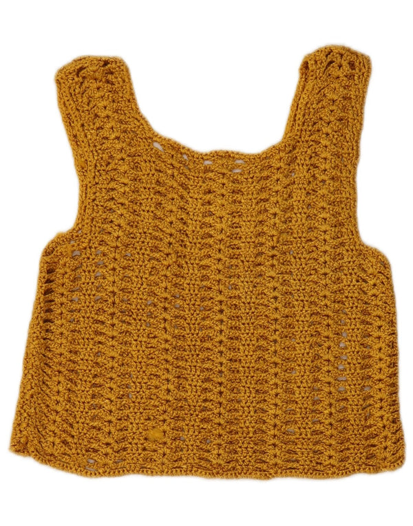 Vintage mujer crop sin mangas crochet blusa Top Reino Unido 8 pequeño amarillo